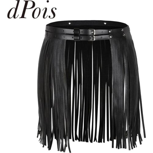 Summer Womens Adult Adjustable Faux Leather Waistband Fringe Tassel Skirt Belt Dancing Beach Parties Halloween Costume Dancewear