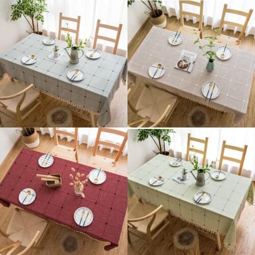 Linen Tablecloth Cotton Hotel Picnic Table Rectangular Jacquard Weave Plaid Table Covers Home Dining Tea Table Decoration Tassel