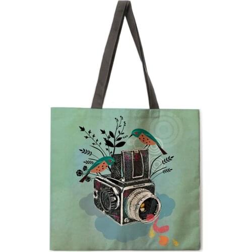 Retro camera theme linen tote bag beach bag ladies shoulder bag foldable shopping bag reusable fashion bag
