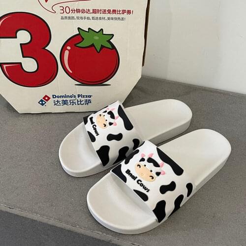 Cartoon ins slippers women outside cow indoor home non-slip bath cold drag soft bottom lightweight wearable bathroom slippers