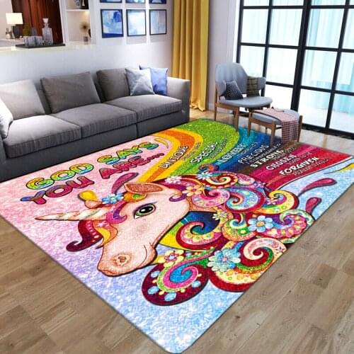 Cartoon Unicorn 3D Printed Area Rug Kids Bedroom Game Floor Mat Soft Flannel Memory Foam Child Room Play Carpets for Living Room
