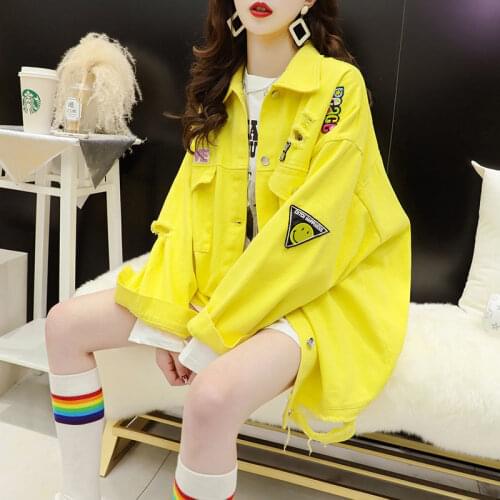 New Fashion Girl Denim Jacket 2021 Spring Womens Denim Jackets Loose Casual Jean Coat Female Outerwear Yellow