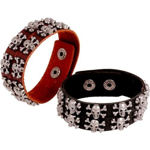 Genuine Leather Personality Skull Punk Black Brown Bracelets For Men Women New Arrival Bracelets