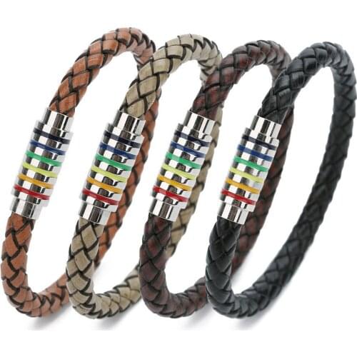 Handmade Braided Leather Bracelet Men Women Stainless Steel Magnetic Buckle Charm Men Leather Bracelet Punk Jewelry Black Brown