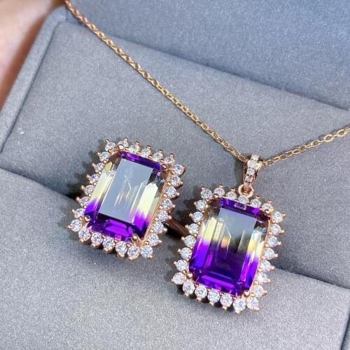 The Best engagement Gift Amethyst jewelry set Natural Real Amethyst 925 sterling silver 1pc pendant,1pc ring