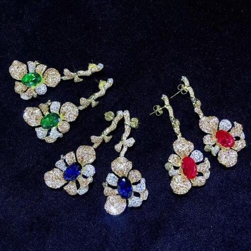 Champagne 925 sterling silver with cubic zircon leaf flower drop earring fine women jewelry plant free shipping