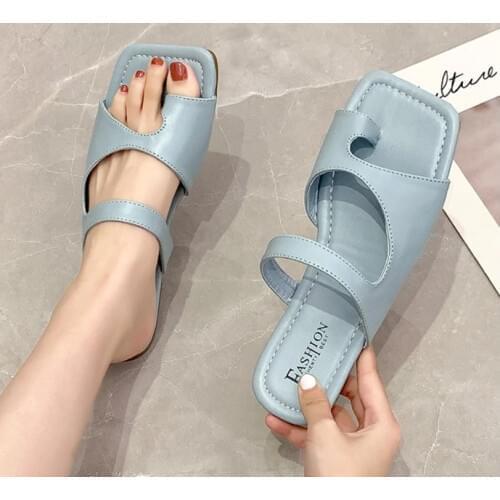 2021 High Quality Square Toe Flat Slides Sandals Women Leather Slippers Flip Flops Slippers Summer Women Slippers Shoes
