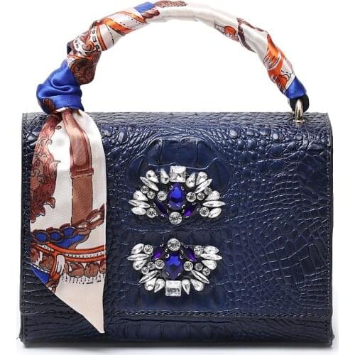 Women Blue Clutch Tote Bag Crocodile Pattern Shoulder Bag for Fashion Lady Nice Crystal Cross Body Suitcase Purse Bag