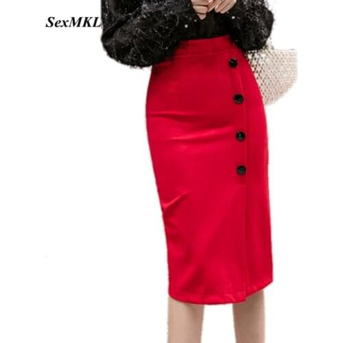 S-XXL Women Winter Office Black Skirts 2020 Fashion Knee Length High Waist Red Skirt Korean Clothing Sexy Button Pencil Skirt