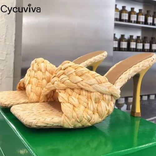 Designer Women Slippers Summer High Heel Slides Lafite Weaving Fold Braid Brand Party Shoes Woman Runway Sandalias Mujer 2021