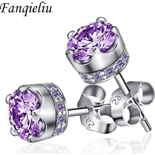 Fanqieliu Girls Wedding Jewelry Luxury Purple Crystal Natural Genuine 925 Sterling Silver Stud Earrings For Women FQL20F20SE1