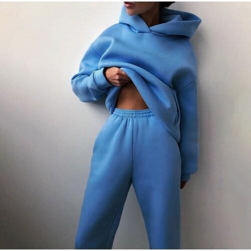 Fleece Oversized Solid Tracksuit Women Two Pieces Long Sleeve Set Pockets Hooded Sport Pants Suit For Girls 2020 Casual Winter