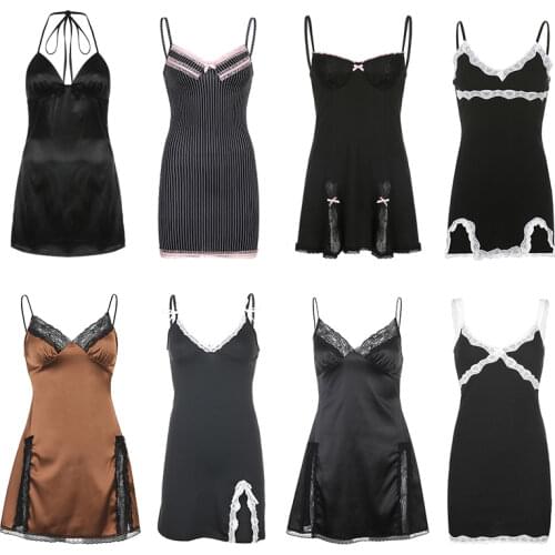 Yangelo Gothic Black Sexy Dress Women Spring Summer 2021 Casual Retro Sleeveless Street Fashion Girl Lace Strap Mini Dress Woman