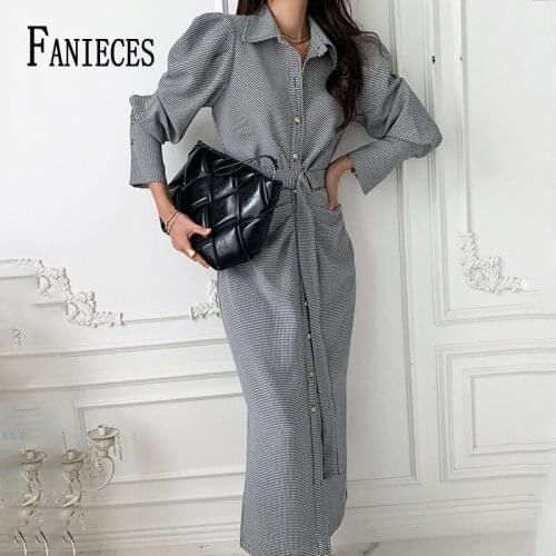 FANIECES Elegant Plaid Printed Turn-down Collar Shirt Dress Women Autumn Long Sleeve Single Breasted Belted Straight Long Dresse