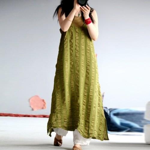 Johnature Women Vintage Strap Dress Stripe Linen O-Neck Sleeveless Casual Clothes 2021 Summer New Loose Fashion Soft Dresses