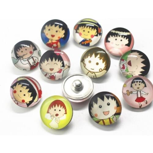 20pcs/lot Chibi Maruko Chan Pattern Snap Button Print Cartoon Glass Snap Buttons Fit 18mm DIY Snap Bracelet & Bangles Jewelry