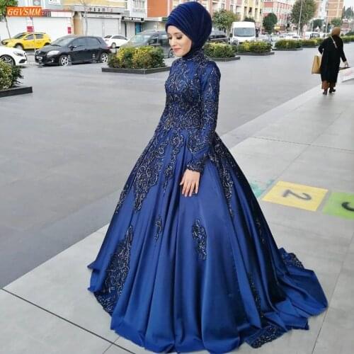 Arabic Royal Blue Evening Gowns Long Sleeves Appliqued Beaded Ball Gown Women Dresses Party Custom Made 2020 Abiye Gece Elbisesi