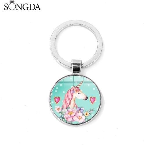 11 Style Horned Horse Floral Pattern Keychain Cartoon Glass Art Key Ring Gift for Women Girl Bag Car Key Chain Porte Clef