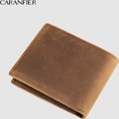 CARANFIER Wallets Men Genuine Cow Leather Purse Male Crazy Horse Wallet Bi-fold Coin Credit Card Holder Simple Portable Bag
