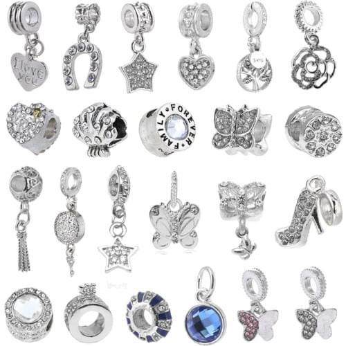 2Pcs/Lot Silver Plated Crystal Round Forever Love Charm Beads Fit Brand Bracelets For Women DIY Fashion Jewelry Gift Making