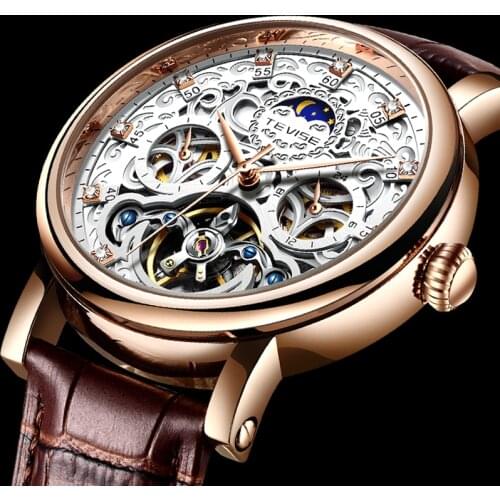 TEVISE Brand Classic Retro Men Watches Automatic Mechanical Watch Men Tourbillon Clock Genuine Leather Waterproof Business Watch