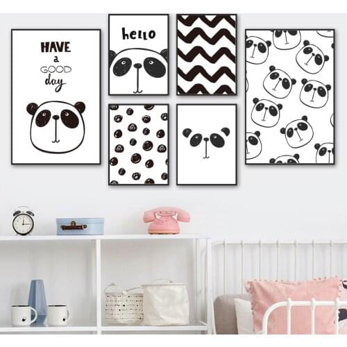 Black And White Panda Good Day Cartoons Nursery Wall Art Canvas Painting Nordic Posters And Prints Wall Pictures Kids Room Decor