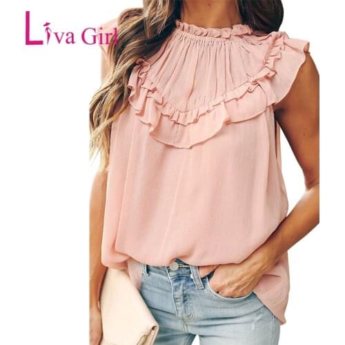 LIVA GIRL Elegant Ruffles Tulle Chiffon Woman Tank Tops Summer Plus Size Solid O-neck Sleeveless Tanks Female Body Clothes S-XXL