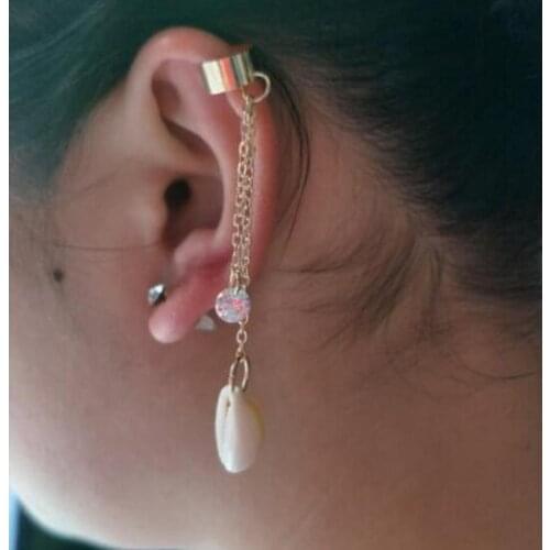 EY438 New fashion simple delicate shell Shiny crystal No piercings ear clip earrings long tassel female earring jewelry 1pcs