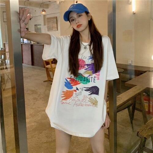 Summer personality printed short-sleeved printed t-shirt female Harajuku style loose Harajuku style top T-shirt all-match female