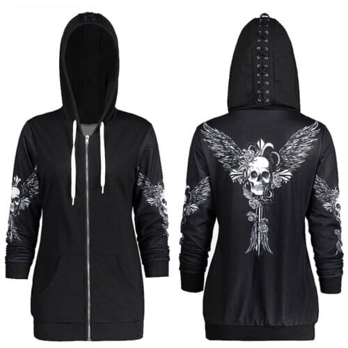 Print Hoodie Women Gothic Sweatshirt Hooded Harajuku Hoodie Long Sleeve Black Grunge Punk Skull Wings Tie Hoodies Winter Clothes