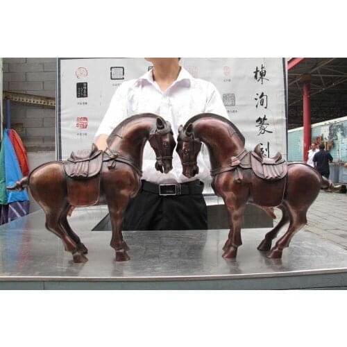 Chinese Zodiac Animal Red Bronze Copper Lucky Auspicious Tang Horse Statue Pair