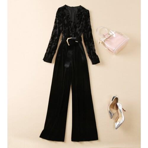 Fashion Designer 2021 Autumn Jumpsuits Fashion Runway Black Lace velvet Patchwork Belt Slim Elegant Jumpsuit