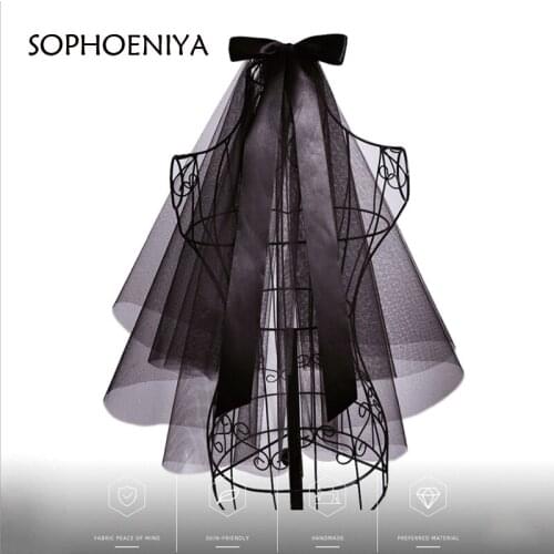 Short Black Bridal Veils Big Bow Ribbon Streamer Retro Dark Halloween Party Wedding Accessories With Hair Comb