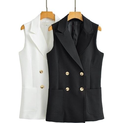 MESTTRAF Women 2021 Fashion Simply Sleeveless Double Breasted Vest Office Ladies Wear Casual Suit Pocket Outwear Tops Streetwear
