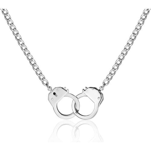 Stainless Steel Punk Rock Street Dance Mens Handcuffs Pendant Necklace Jewelry Gift For Him with Cuban Chain