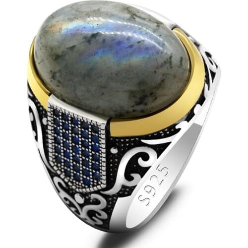 New authentic sterling silver antique Turkish blue zircon ring and labradorite mens colorful punk rock jewelry