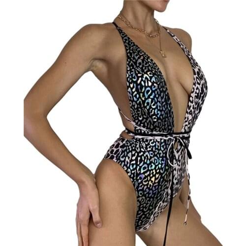 New Womens Patchwork One-piece Swimsuit Deep V-neck Backless Halter Triangle Swimwear Bathing Suit Swimwear with Waistband