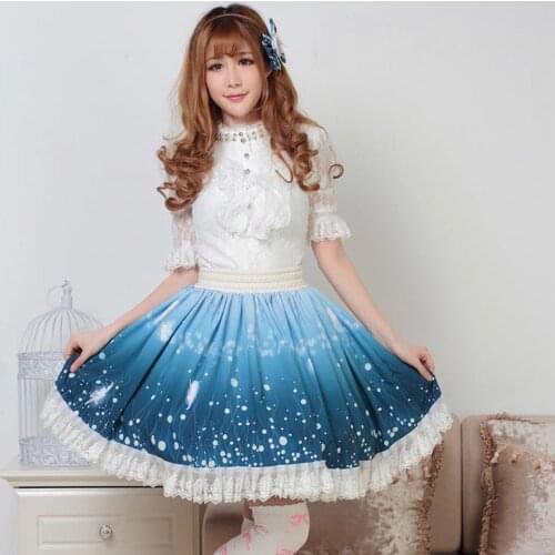 Fairy Tale Lolita Pleated Lace Knee Length Royal Princess Cosplay Skirt Sky Blue Star Elf Pixy Print Magic Firefly Bottoms