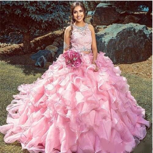 Cascading Tier Ruffles Pink Ball Gown Quinceanera Dresses 2020 two pieces Beads Appliques Sweet 16 vestidos de 15 Anos Masquarad