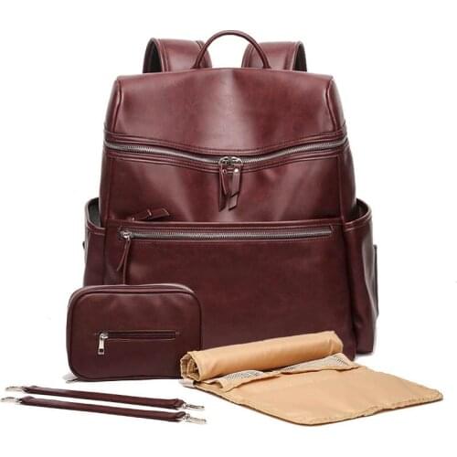 New Mommy Diaper Bag Backpack Kit PU Leather Stroller Bag Large Capacity Nappy Bags Waterproof Meternity Bags for New Parents