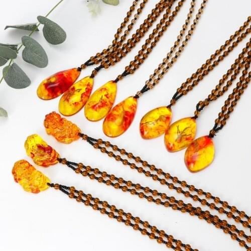 Baltic Amber Plant Inlaid Natural Pendant Necklace Unisex Fashion Jewelry J60E