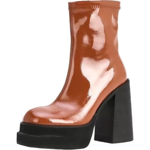 Top Quality Women Ankle Boots Fashion Patent Leather Chunky High Heels Platform Black Brown Autumn Winter Warm Short Boots 34-40