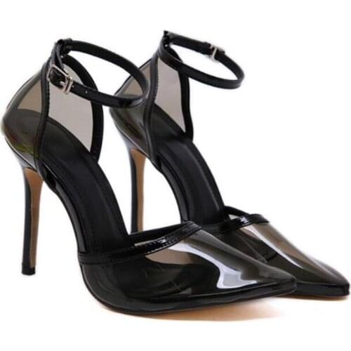 2020 Concise Fashion PVC Woman Transparent Sandals Sexy Party Pointed Toe 12CM Thin High Heels Buckle Strap Shallow women shoes