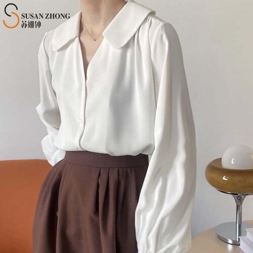 Women Shirts Female Blouse Tops 2021 Spring Summer Fashion Office Loose Straight Turn-Down Collar Lantern Sleeve Button Cuff New