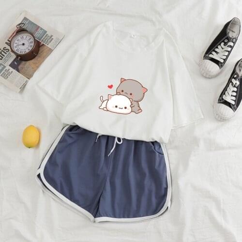 2021 New Womens Two Piece Set Fresh Loose Top + Elastic Waist Shorts Suit Cute Cat Female Sweat Pants Set for Women Track Suit