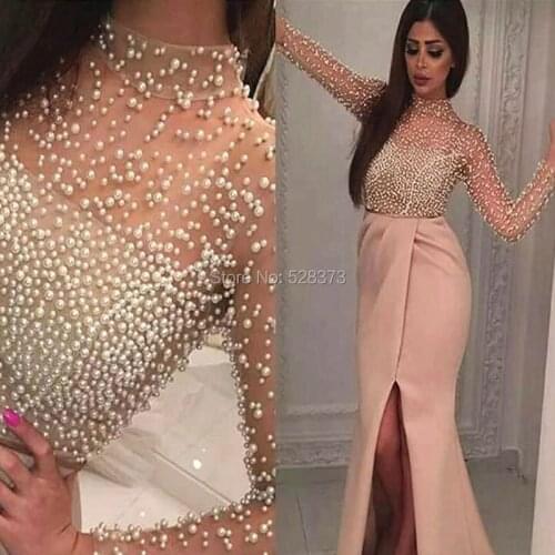 YNQNFS ED103 Pearls Beaded High Neck Long Sleeve Saudia Arabic Evening Dress Dubai Party Ball Gowns Formal Dress 2018