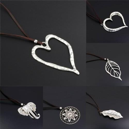 1pc Hollow Heart Shaped Leaf Charms Yoga Necklace Carved Pendant With Leather Jewelry For Women