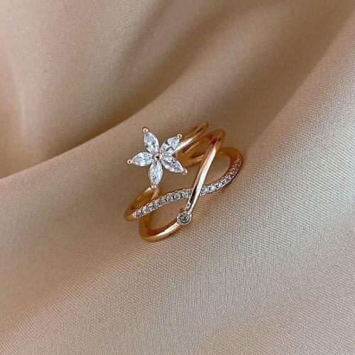 2021 New Fashion Temperament Fresh Flowers Opening Rings Contracted Double Shiny Crystal Senior Adjustable Women Rings Jewelry