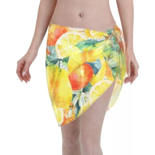 2021 Beach Bikini Cover Ups Wrap Skirt Mandarine Orange And Lemon With Leaves Blossom Women Bathing Suit Sexy Swimsuit Beachwear