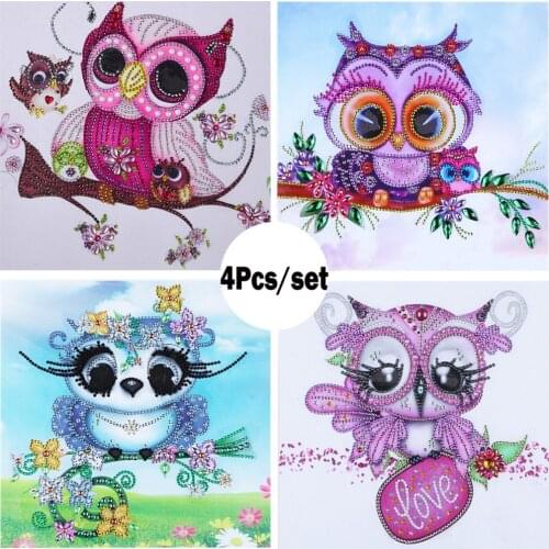 4Pcs Diamond Embroidery Owl Cute Animals Special Shaped Diamond Painting Rhinestone Needlework 5d Drill DIY Shining Crystal Kits